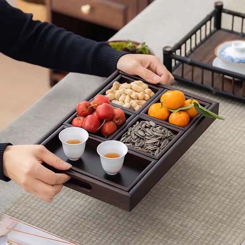 多功能茶点托盘竹制简易茶盘家用中式糖果坚果零食多格分类收纳盒