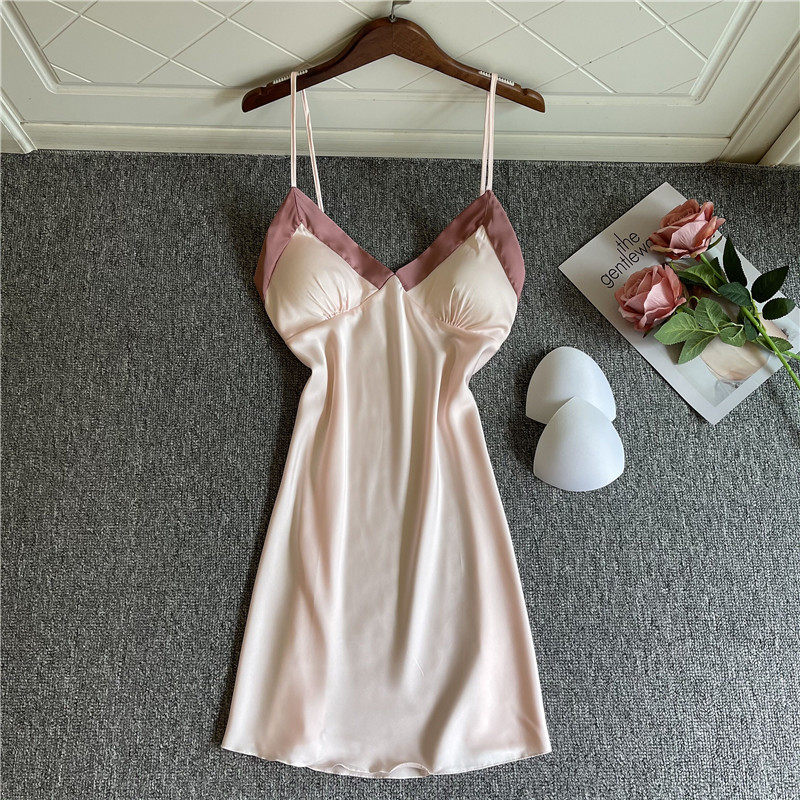 春上新款吊带睡裙性感带胸垫睡衣女夏小胸露背冰丝绸居家简约短裙