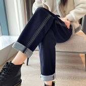 加绒加厚牛仔裤 子 宽松高腰显瘦烟管深蓝色裤 女直筒秋冬季 2025新款