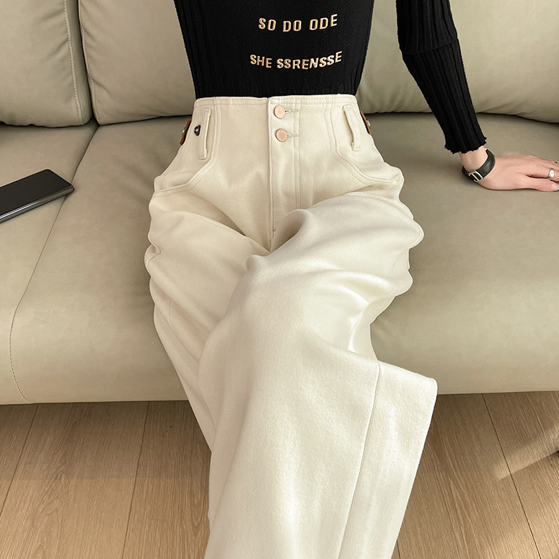 米白色加绒哈伦牛仔裤女春秋抓绒高腰宽松显瘦卷边加厚萝卜老爹裤,女装/女士精品,牛仔裤,淘宝优惠券,粉丝福利购,淘宝优惠卷