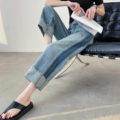 撞色八分窄版阔腿牛仔裤女春季