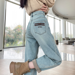 高腰宽松显瘦浅蓝色萝卜老爹裤 新款 子 女小个子冬季 加绒哈伦牛仔裤
