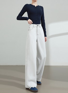 灰白色弯刀阔腿牛仔裤女2025年春秋新款高腰宽松显瘦直筒拖地裤子