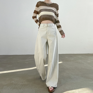 阔腿弯刀牛仔裤女春夏新款高腰显瘦垂感白灰色美式直筒拖地长裤子