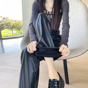 高腰宽松百搭显瘦高级感休闲拖地阔腿裤 哑光直筒PU皮裤 女秋冬新款