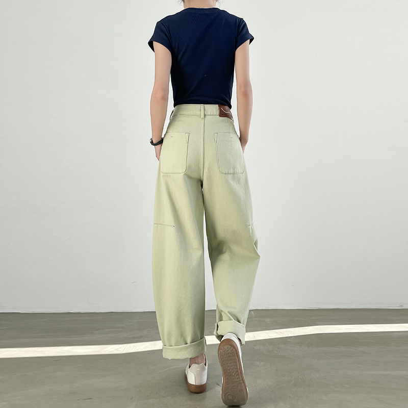 抹茶色弯刀阔腿牛仔裤女小个子