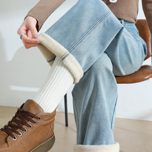 高腰宽松小个子九分萝卜老爹裤 新款 女冬季 蓝色加绒加厚哈伦牛仔裤