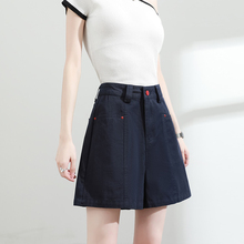 100%纯棉牛仔短裤女2025夏季薄款高腰宽松显瘦藏青色阔腿a字热裤