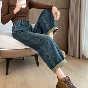 小个子高腰遮胯显瘦复古九分老爹裤 新款 女秋季 蓝色加绒哈伦牛仔裤