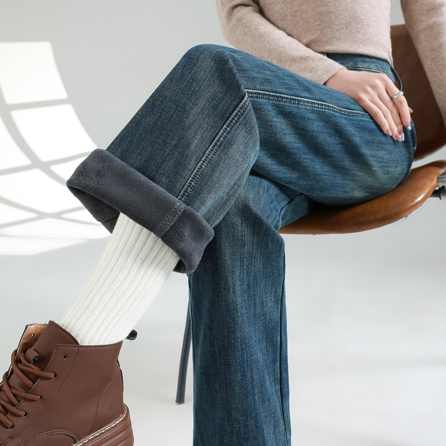 普鲁士蓝加绒加厚阔腿牛仔裤女