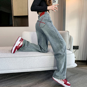 复古刺绣直筒拖地裤 高腰显瘦窄版 女2025年春秋新款 蓝色阔腿牛仔裤