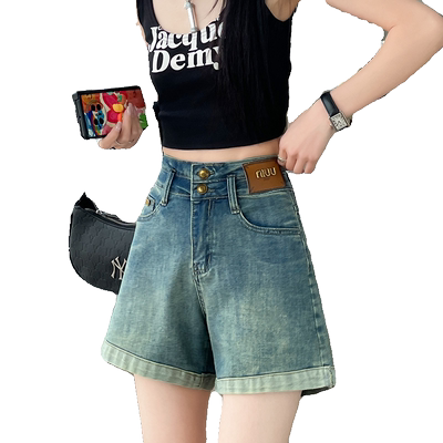 卷边复古牛仔短裤女夏季新款高腰