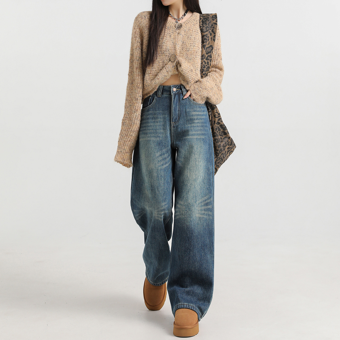 美式加绒复古阔腿牛仔裤女冬季