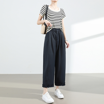 藏青色花边阔腿休闲裤女夏季新款