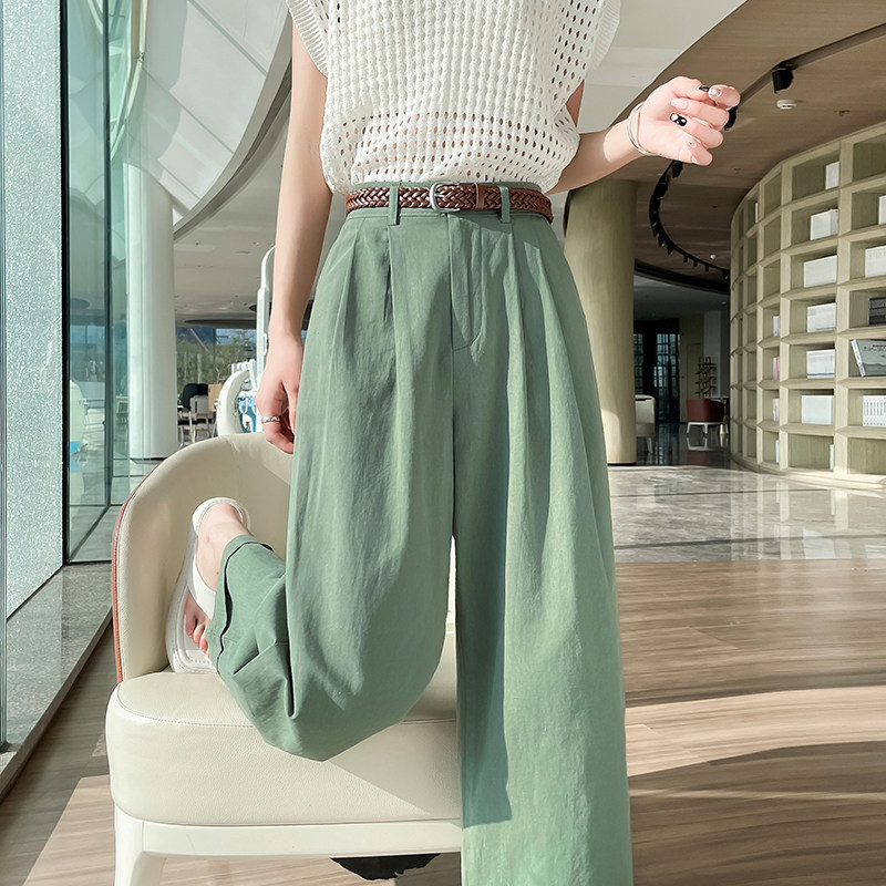 八分冰丝阔腿裤女小个子夏季薄款直筒九分绿色亚麻