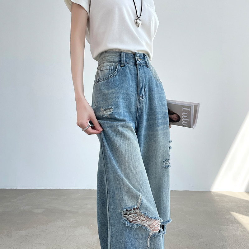 复古蓝破洞阔腿牛仔裤女夏季薄款设计感高腰垂感宽松显瘦直筒裤子,女装/女士精品,牛仔裤,淘宝优惠券,粉丝福利购,淘宝优惠卷