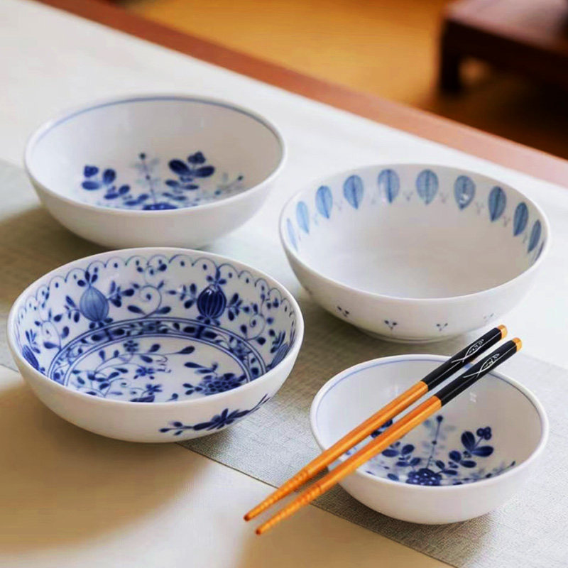 日本美浓烧日式青花瓷陶瓷家用餐具釉下彩小钵碗大钵薄荷木立汤碗