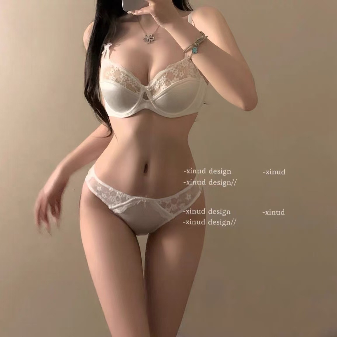 法式高级缎面半杯蕾丝内衣女薄性感聚拢上托光面文胸套装大胸显小