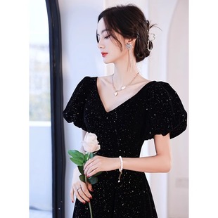 黑色宴会晚礼服女2025新款学生艺考钢琴演奏气质主持人演出连衣裙