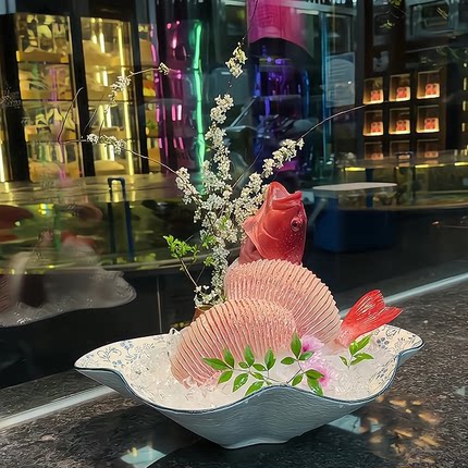 酒店高端白色陶瓷刺身盘三文鱼海鲜刺身盘牛肉火锅姿造盘鱼生冰盘