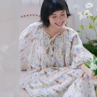 绿色梦幻爱丽丝夏季 中长裙系带宽松舒适透气双层纱布睡裙子 九分袖