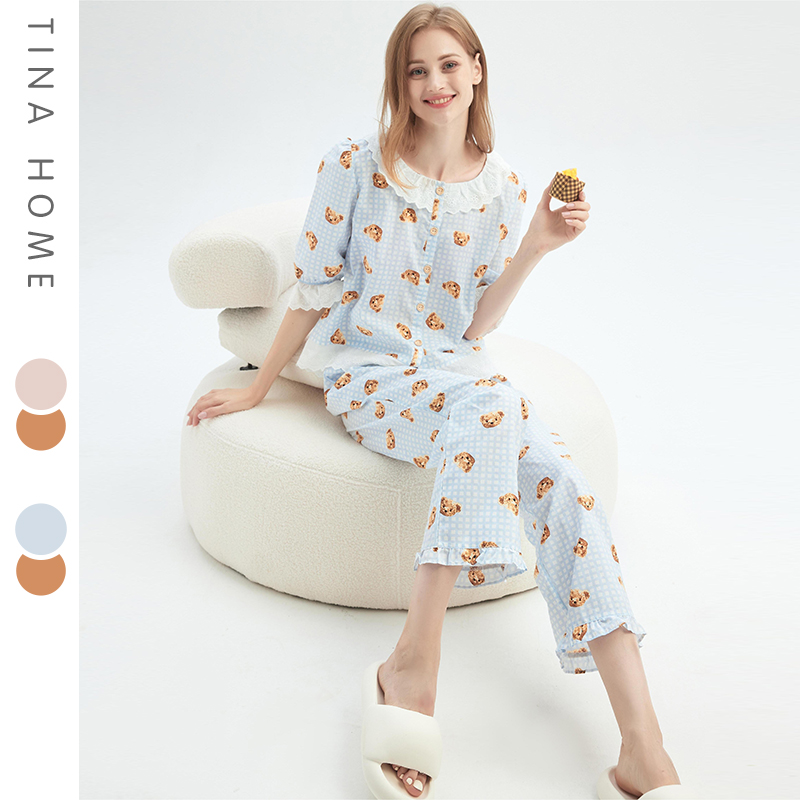 小熊印花梭织棉睡衣女夏季花边中袖长裤套装蓝色粉色透气家居服