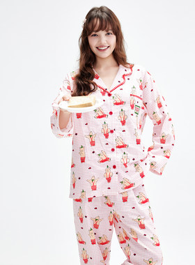 小熊粉色纯棉纱布女士家居服