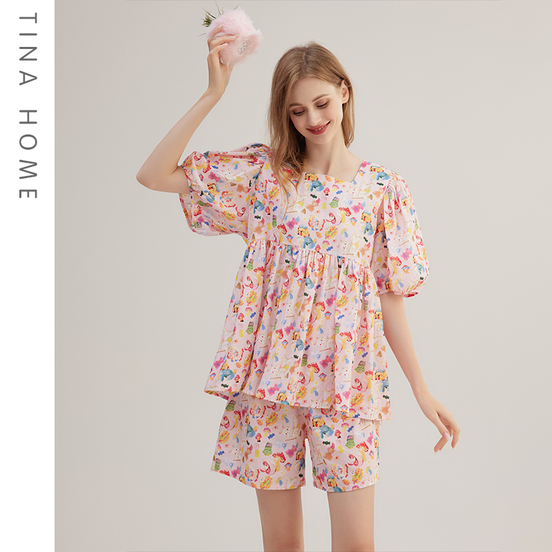 梭织棉碎花睡衣女夏季短袖短裤套装草莓芝士粉色透气舒适家居服