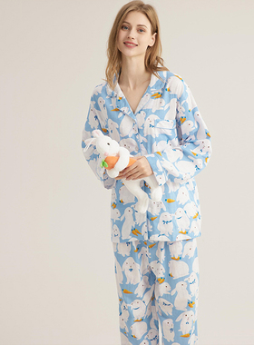 日系兔子亲子睡衣女春秋纯棉双层棉纱家居服可出门外穿居家服长袖