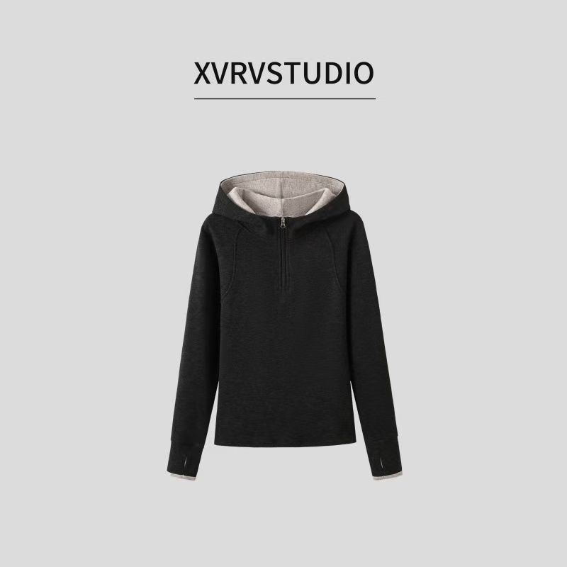 秋冬新款运动风加绒连帽半拉链卫衣女修身显瘦大码韩版广场舞上衣