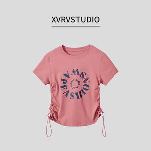 2025夏季新款时尚洋气百搭抽绳短袖上衣显瘦洋气跑步运动服棉上衣