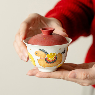 新中式手工绘制马上有钱福灵盖碗礼盒装送礼家用陶瓷泡茶器茶具