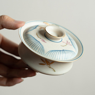 陶瓷个人家用泡茶器单盖碗 糯米釉描金纯手绘兰花秋笙盖碗新中式