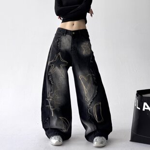 美式复古毛边刺绣水洗弯刀牛仔裤秋季男女街头宽松阔腿拖地长裤