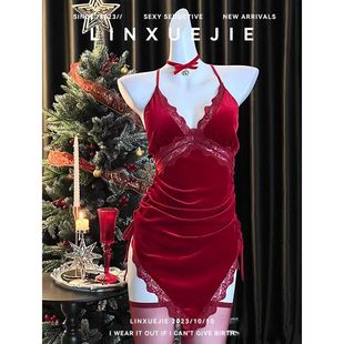 林学姐~法式气质蕾丝绒吊带睡裙女性感交叉露背修身显瘦约会睡衣