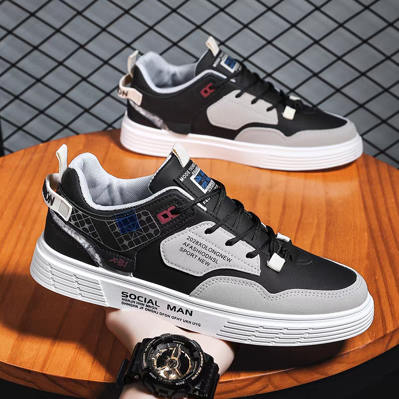 男鞋2025新款学生百搭黑白拼色运动板鞋男款小众休闲低帮平底潮鞋,流行男鞋,德训鞋,淘宝优惠券,粉丝福利购,淘宝优惠卷
