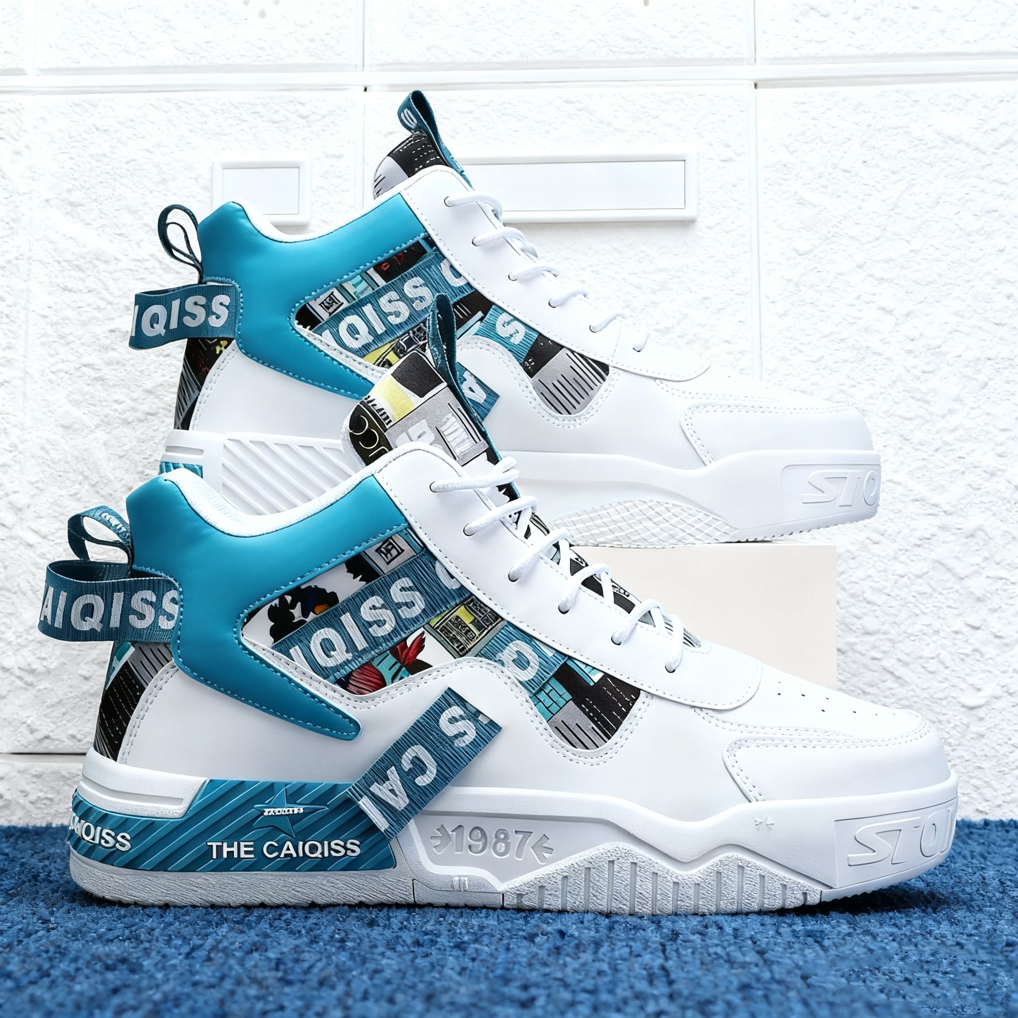 男鞋2025新款德训鞋男潮流百搭高帮运动鞋青少年蓝白色系带休闲鞋