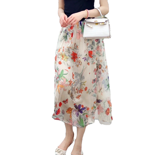 真丝碎花半身长裙女夏宽松显瘦遮胯气质优雅度假a字半身裙子