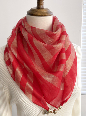 红色磁吸扣丝巾女秋冬季高级感2024新款纱巾大方巾护颈三角小围巾