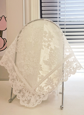 白色蕾丝小圆镜盖巾防尘纱布艺化妆台梳妆台圆形镜子盖布遮挡布