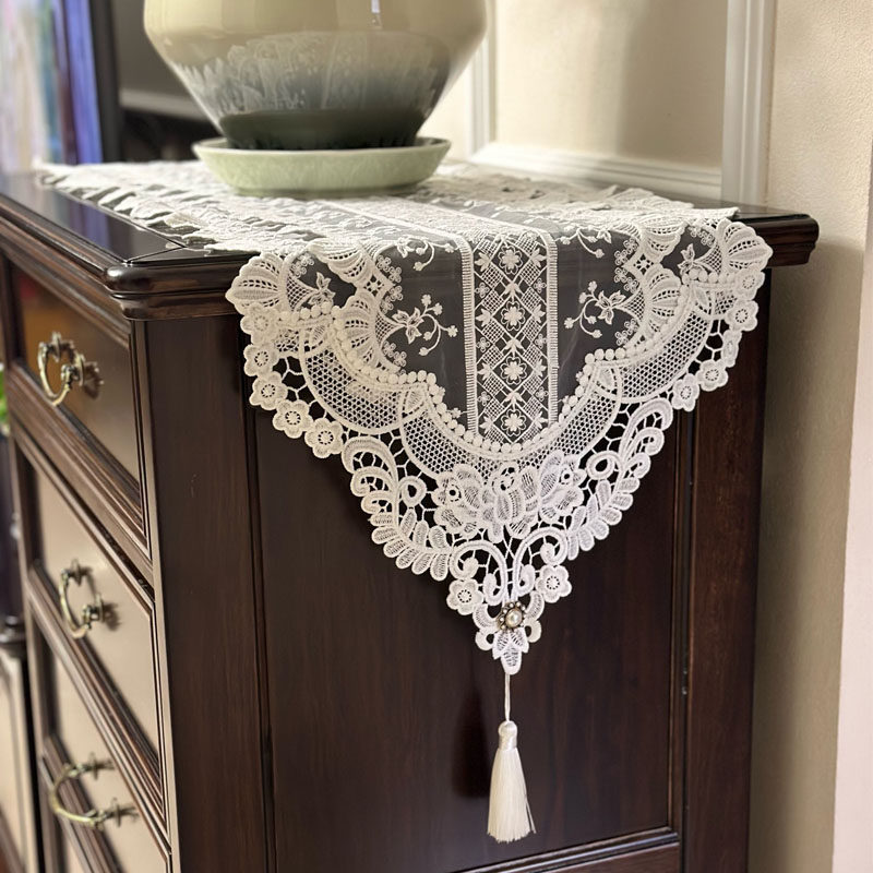 欧式轻奢白色蕾丝五斗柜鞋柜梳妆台防尘盖布艺电视柜茶几餐桌桌旗