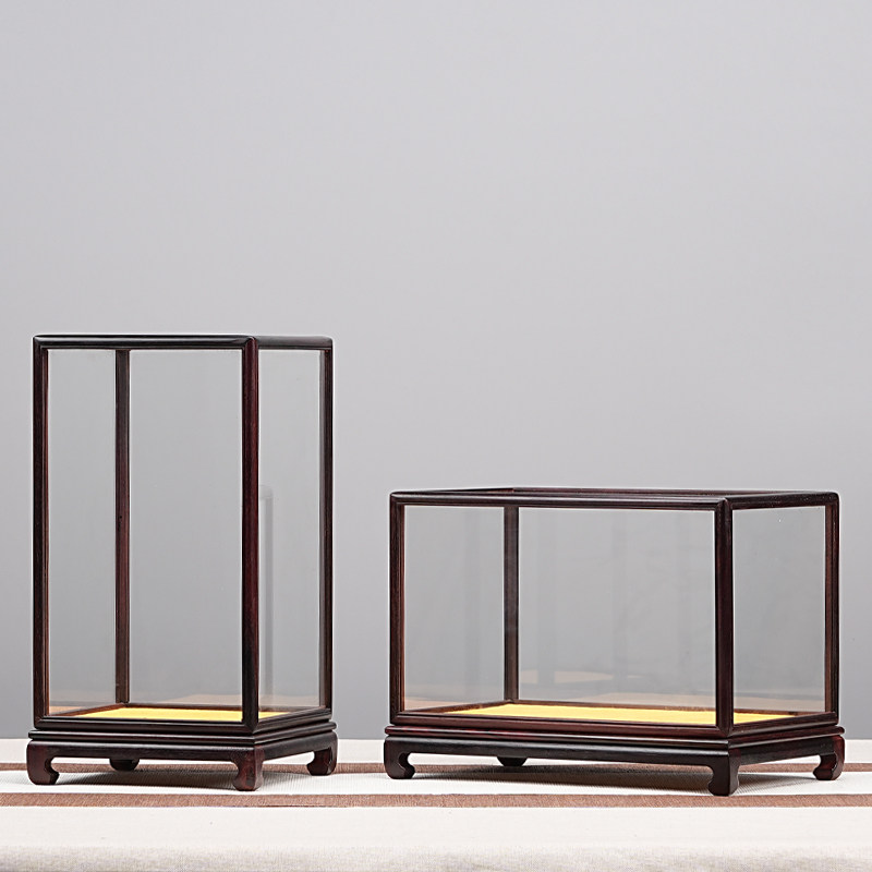 紫檀木宝笼花瓶古董观音摆件玉石头佛像透明展示盒红木防尘玻璃罩