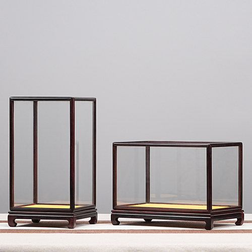 紫檀木宝笼花瓶古董观音摆件玉石头佛像透明展示盒红木防尘玻璃罩