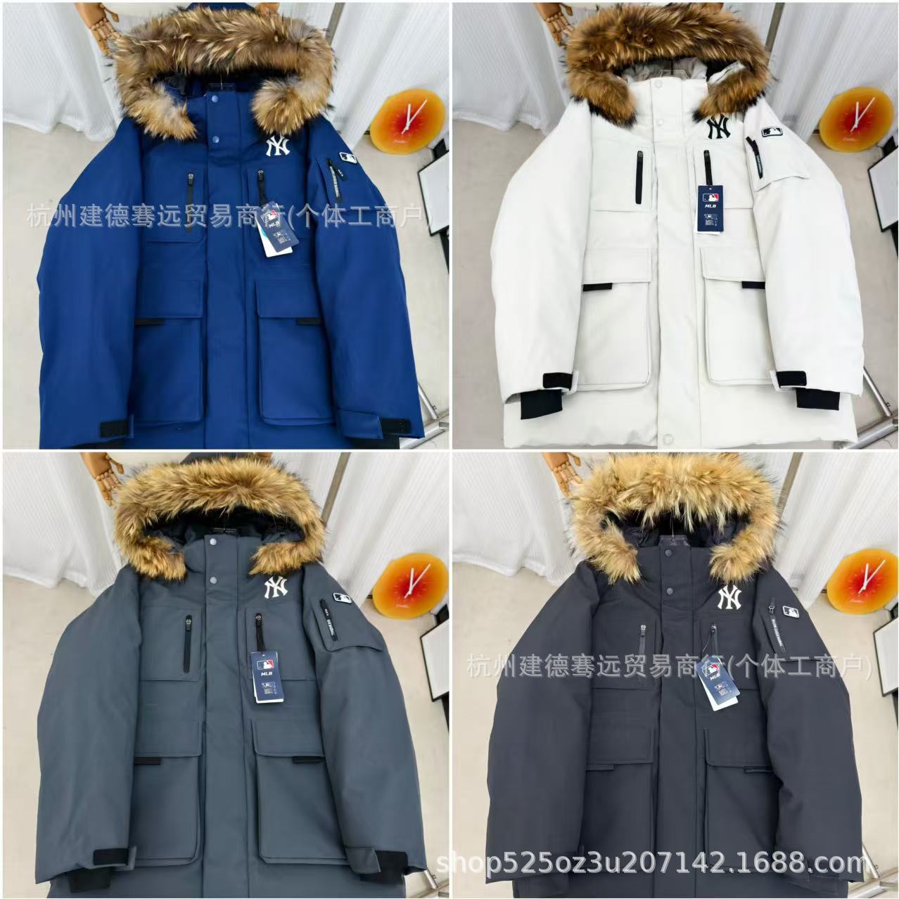 莆田纯原MLB鹅绒羽绒服工装 NY洋基队张凌赫中长款派克外套情侣