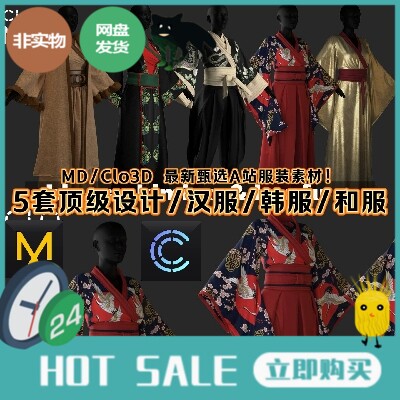 MD服装Clo3D模型5套女性高定设计汉服韩服和服时装龙古装素材文件