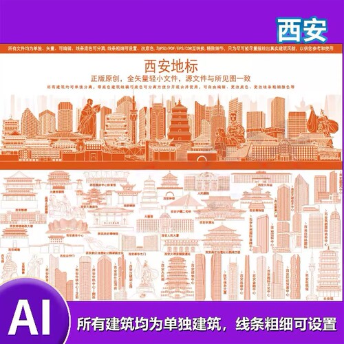 D536西安印象AI矢量地标旅游建筑海报设计线稿城市剪影手绘插画