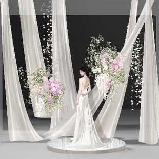 yy117韩式合影区效果图米白色垂挂布幔粉白色满天星花艺素材花串