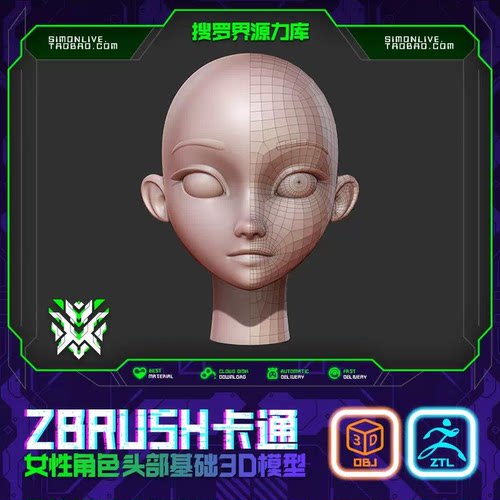 BW23-ZBRUSH风格化卡通女性角色头部基础3D模型ZB雕刻3D资源素材
