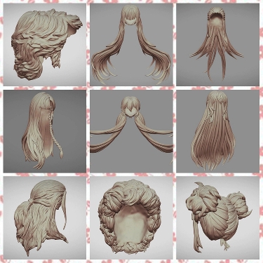 STL卡通女生头发发型3D打印模型STL素材文件