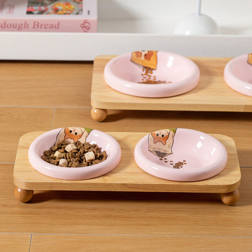 创意卡通倒粮图案PE碗带碗架可爱风陶瓷宠物碗防打翻猫碗狗碗水碗